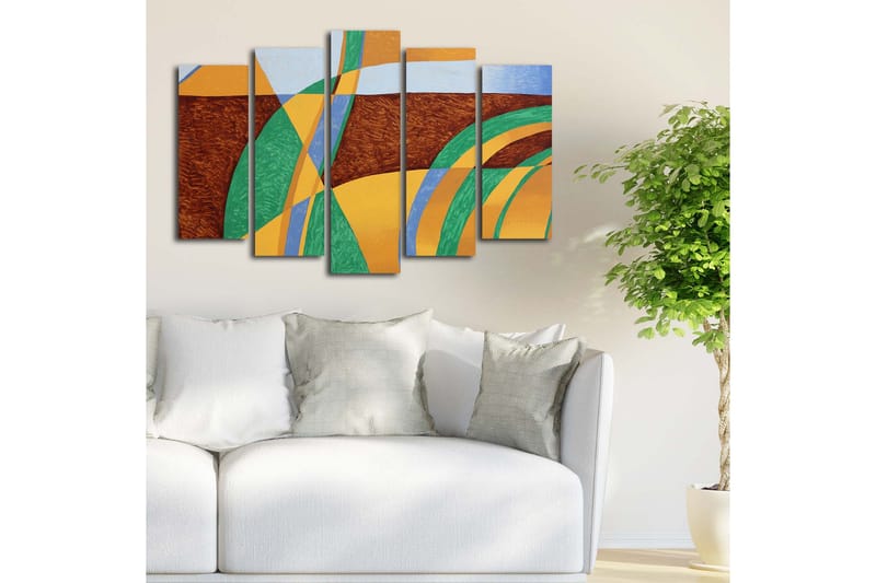 Stor Canvastavla i 5 delar 105x70 cm - Abstrakt komposition med böljande former och färger - Grön / Orange / Brun - Inredning & dekor - Tavlor & konst - Canvastavla