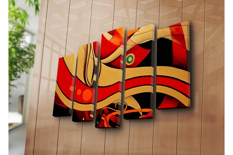 Stor Canvastavla i 5 delar 105x70 cm - Abstrakt komposition med böljande linjer och former - Röd / Guld / Svart - Inredning & dekor - Tavlor & konst - Canvastavla