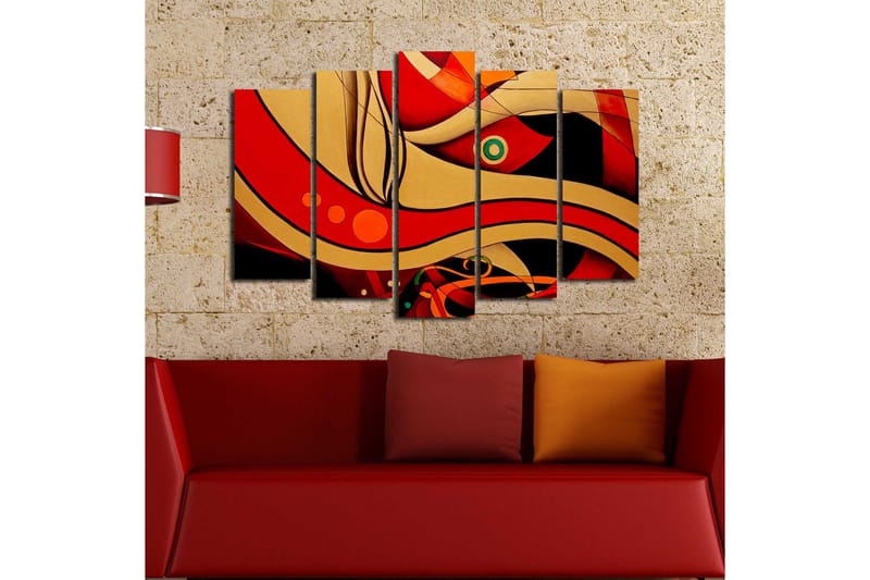 Stor Canvastavla i 5 delar 105x70 cm - Abstrakt komposition med böljande linjer och former - Röd / Guld / Svart - Inredning & dekor - Tavlor & konst - Canvastavla