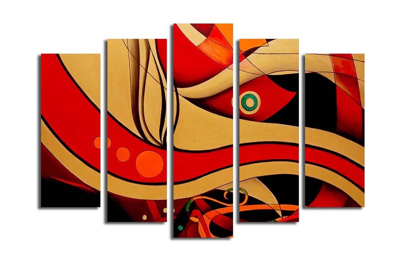 Stor Canvastavla i 5 delar 105x70 cm - Abstrakt komposition med böljande linjer och former - Röd / Guld / Svart - Inredning & dekor - Tavlor & konst - Canvastavla