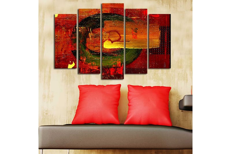 Stor Canvastavla i 5 delar 105x70 cm - Abstrakt komposition med cirkulära former och starka färger - Röd / Grön / Orange - Inredning & dekor - Tavlor & konst - Canvastavla