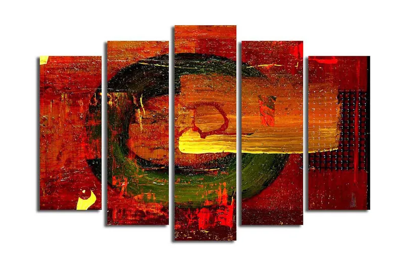 Stor Canvastavla i 5 delar 105x70 cm - Abstrakt komposition med cirkulära former och starka färger - Röd / Grön / Orange - Inredning & dekor - Tavlor & konst - Canvastavla