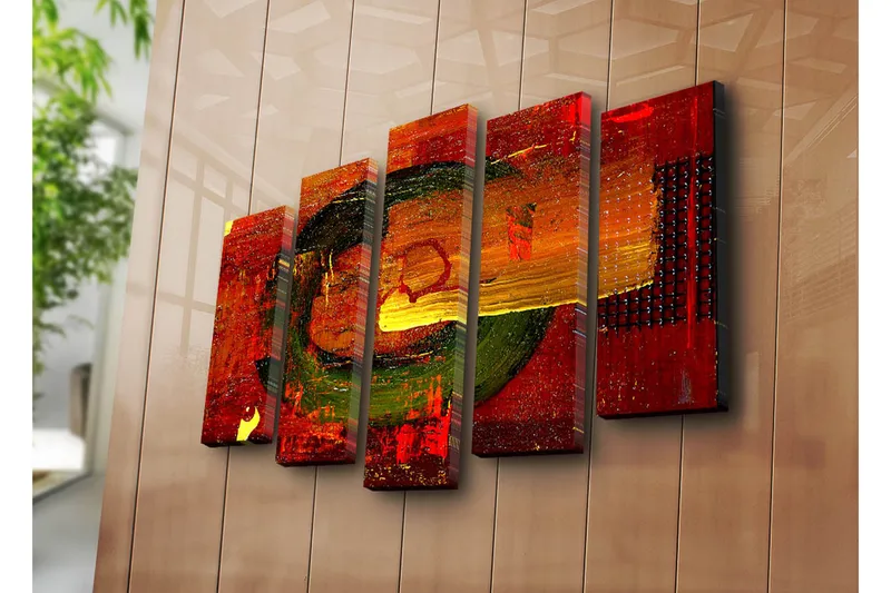 Stor Canvastavla i 5 delar 105x70 cm - Abstrakt komposition med cirkulära former och starka färger - Röd / Grön / Orange - Inredning & dekor - Tavlor & konst - Canvastavla