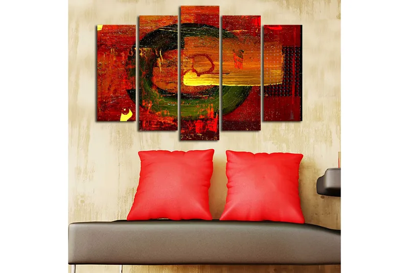 Stor Canvastavla i 5 delar 105x70 cm - Abstrakt komposition med cirkulära former och starka färger - Röd / Grön / Orange - Inredning & dekor - Tavlor & konst - Canvastavla
