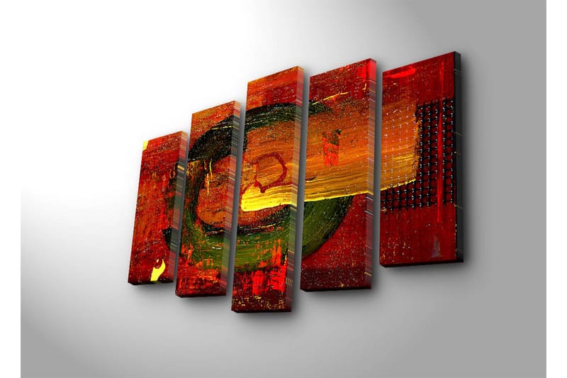 Stor Canvastavla i 5 delar 105x70 cm - Abstrakt komposition med cirkulära former och starka färger - Röd / Grön / Orange - Inredning & dekor - Tavlor & konst - Canvastavla