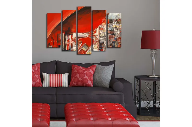 Stor Canvastavla i 5 delar 105x70 cm - Abstrakt komposition med dominerande röda nyanser - Röd / Vit / Grå - Inredning & dekor - Tavlor & konst - Canvastavla