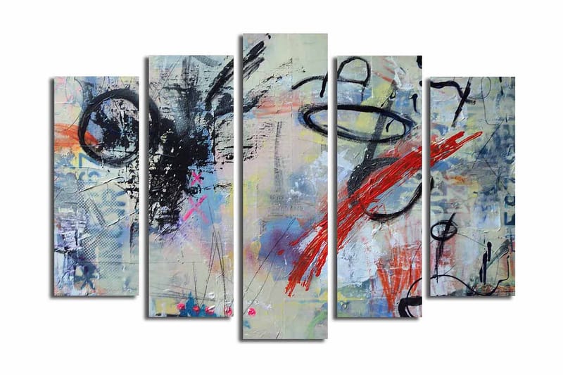 Stor Canvastavla i 5 delar 105x70 cm - Abstrakt komposition med dynamiska linjer och färgade inslag - Svart / Röd / Blå - Inredning & dekor - Tavlor & konst - Canvastavla