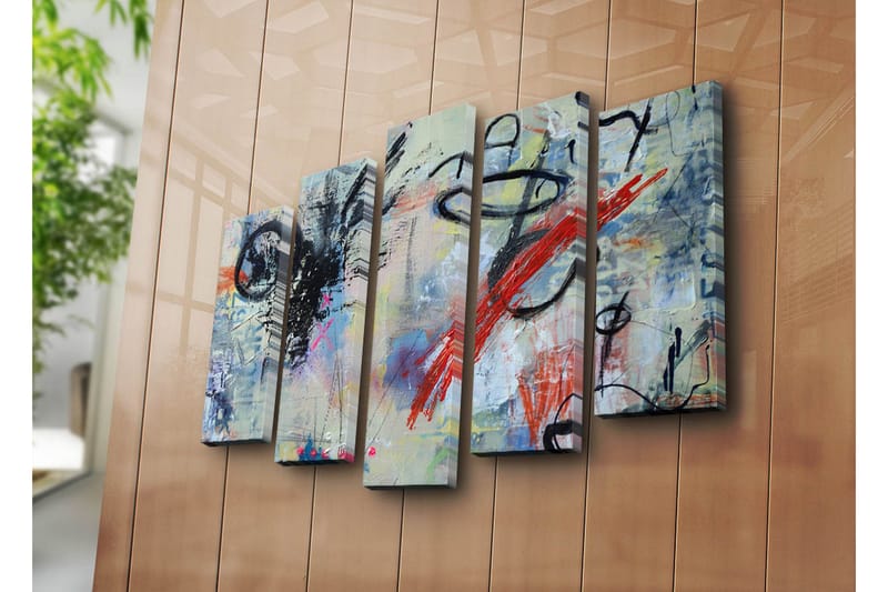 Stor Canvastavla i 5 delar 105x70 cm - Abstrakt komposition med dynamiska linjer och färgade inslag - Svart / Röd / Blå - Inredning & dekor - Tavlor & konst - Canvastavla