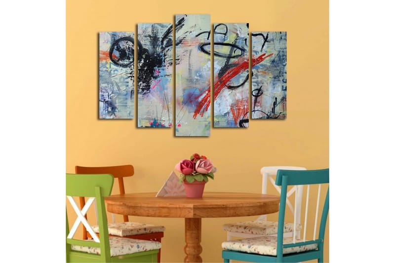 Stor Canvastavla i 5 delar 105x70 cm - Abstrakt komposition med dynamiska linjer och färgade inslag - Svart / Röd / Blå - Inredning & dekor - Tavlor & konst - Canvastavla