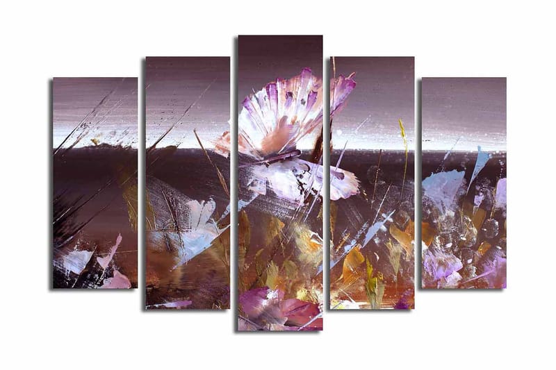 Stor Canvastavla i 5 delar 105x70 cm - Abstrakt komposition med en fjäril i fokus - Lila / Brun / Vit - Inredning & dekor - Tavlor & konst - Canvastavla