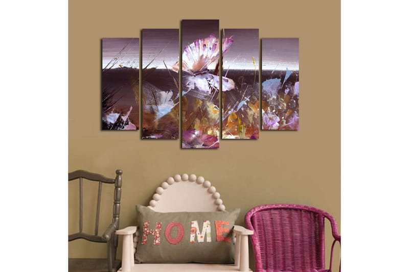 Stor Canvastavla i 5 delar 105x70 cm - Abstrakt komposition med en fjäril i fokus - Lila / Brun / Vit - Inredning & dekor - Tavlor & konst - Canvastavla