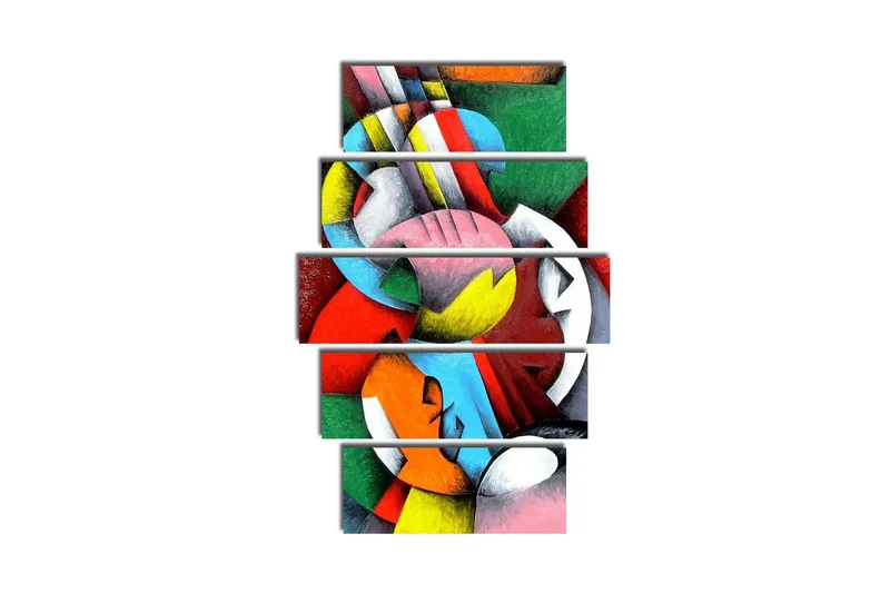 Stor Canvastavla i 5 delar 105x70 cm - Abstrakt komposition med färgglada geometriska former - Röd / Grön / Blå - Inredning & dekor - Tavlor & konst - Canvastavla