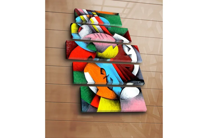 Stor Canvastavla i 5 delar 105x70 cm - Abstrakt komposition med färgglada geometriska former - Röd / Grön / Blå - Inredning & dekor - Tavlor & konst - Canvastavla