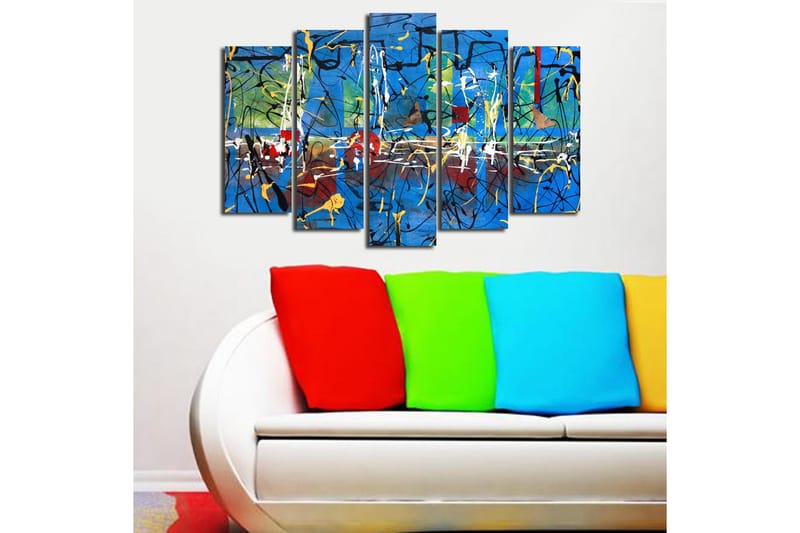Stor Canvastavla i 5 delar 105x70 cm - Abstrakt komposition med färgglada linjer och former - Blå / Gul / Röd - Inredning & dekor - Tavlor & konst - Canvastavla