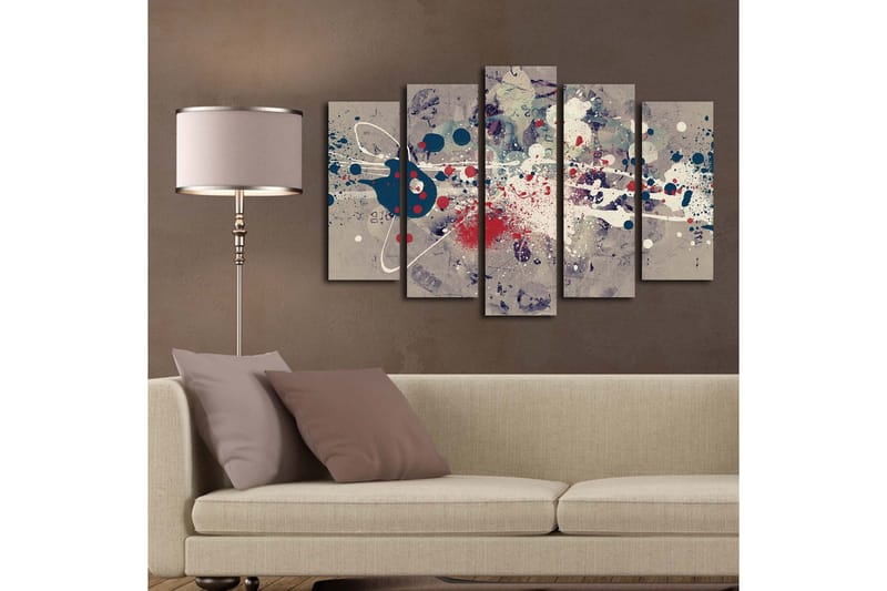 Stor Canvastavla i 5 delar 105x70 cm - Abstrakt komposition med färgglada splatter och geometriska former - Mörkblå / Röd / Vit - Inredning & dekor - Tavlor & konst - Canvastavla