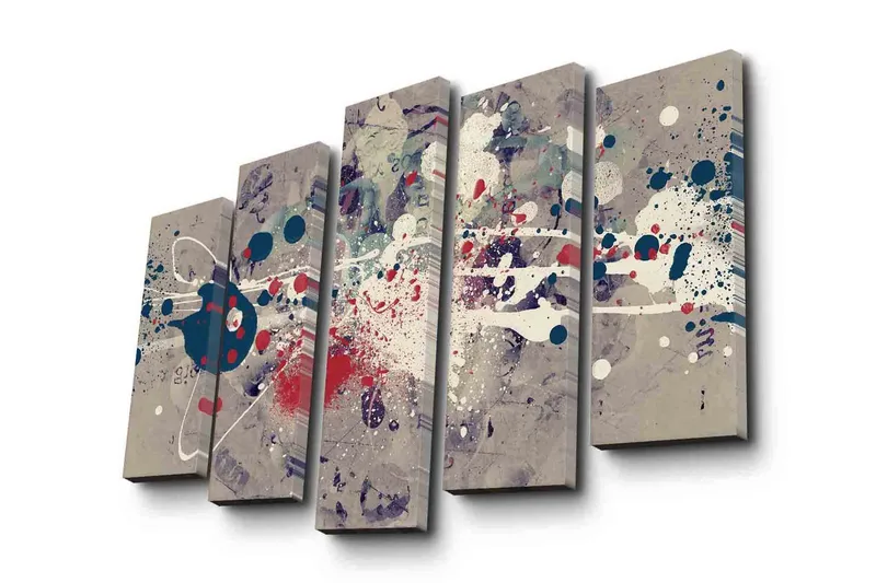 Stor Canvastavla i 5 delar 105x70 cm - Abstrakt komposition med färgglada splatter och geometriska former - Mörkblå / Röd / Vit - Inredning & dekor - Tavlor & konst - Canvastavla