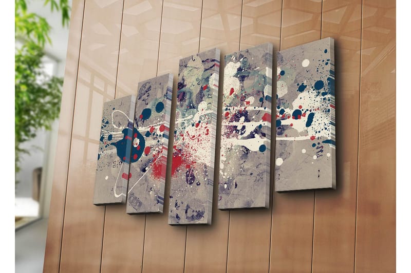 Stor Canvastavla i 5 delar 105x70 cm - Abstrakt komposition med färgglada splatter och geometriska former - Mörkblå / Röd / Vit - Inredning & dekor - Tavlor & konst - Canvastavla