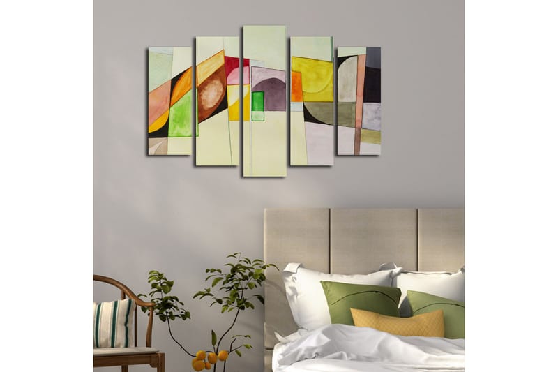 Stor Canvastavla i 5 delar 105x70 cm - Abstrakt komposition med geometriska former i olika färger - Gul / Grön / Rosa - Inredning & dekor - Tavlor & konst - Canvastavla