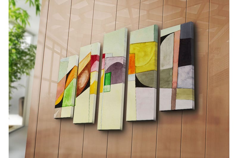 Stor Canvastavla i 5 delar 105x70 cm - Abstrakt komposition med geometriska former i olika färger - Gul / Grön / Rosa - Inredning & dekor - Tavlor & konst - Canvastavla