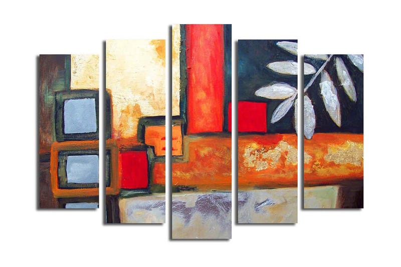 Stor Canvastavla i 5 delar 105x70 cm - Abstrakt komposition med geometriska former och bladmotiv - Röd / Grå / Orange - Inredning & dekor - Tavlor & konst - Canvastavla