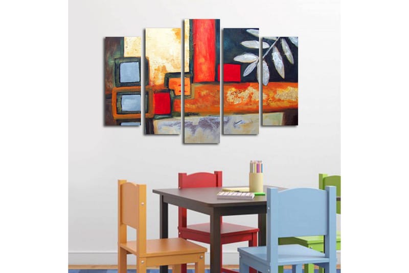 Stor Canvastavla i 5 delar 105x70 cm - Abstrakt komposition med geometriska former och bladmotiv - Röd / Grå / Orange - Inredning & dekor - Tavlor & konst - Canvastavla
