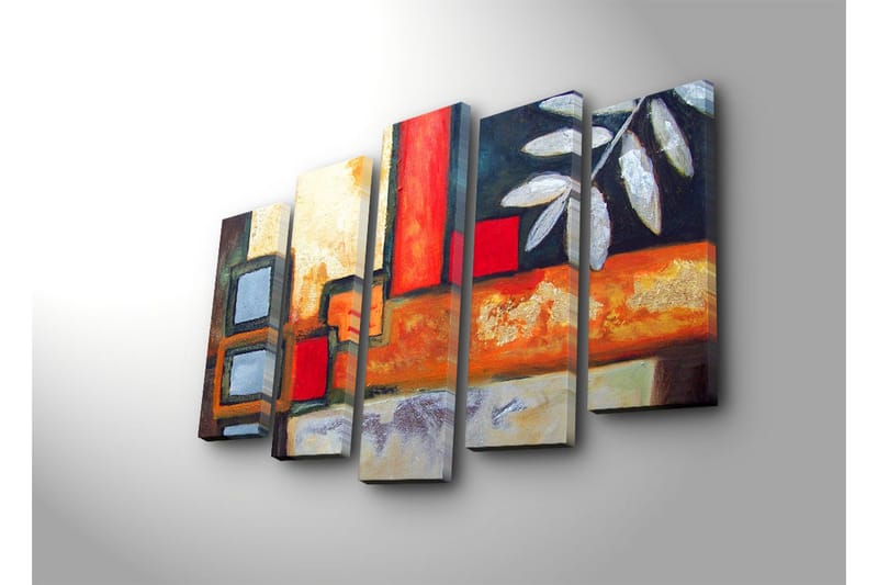 Stor Canvastavla i 5 delar 105x70 cm - Abstrakt komposition med geometriska former och bladmotiv - Röd / Grå / Orange - Inredning & dekor - Tavlor & konst - Canvastavla