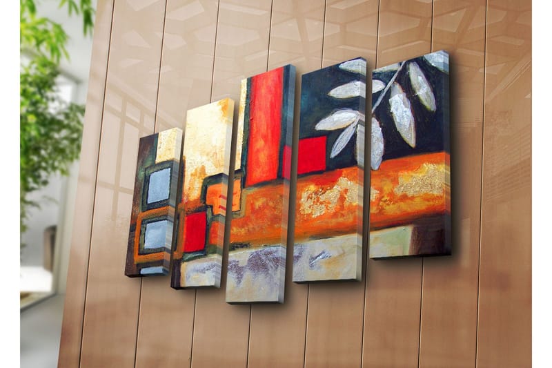 Stor Canvastavla i 5 delar 105x70 cm - Abstrakt komposition med geometriska former och bladmotiv - Röd / Grå / Orange - Inredning & dekor - Tavlor & konst - Canvastavla
