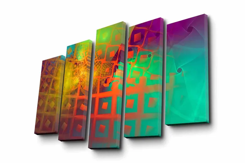 Stor Canvastavla i 5 delar 105x70 cm - Abstrakt komposition med geometriska former och färgglada mönster - Grön / Orange / Lila - Inredning & dekor - Tavlor & konst - Canvastavla
