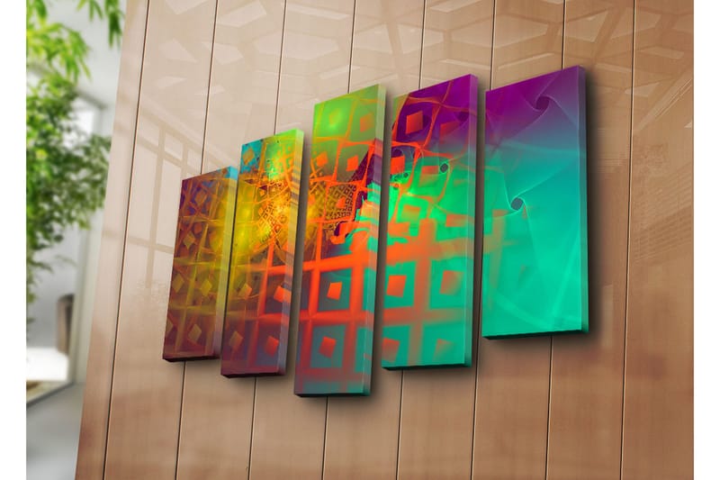Stor Canvastavla i 5 delar 105x70 cm - Abstrakt komposition med geometriska former och färgglada mönster - Grön / Orange / Lila - Inredning & dekor - Tavlor & konst - Canvastavla