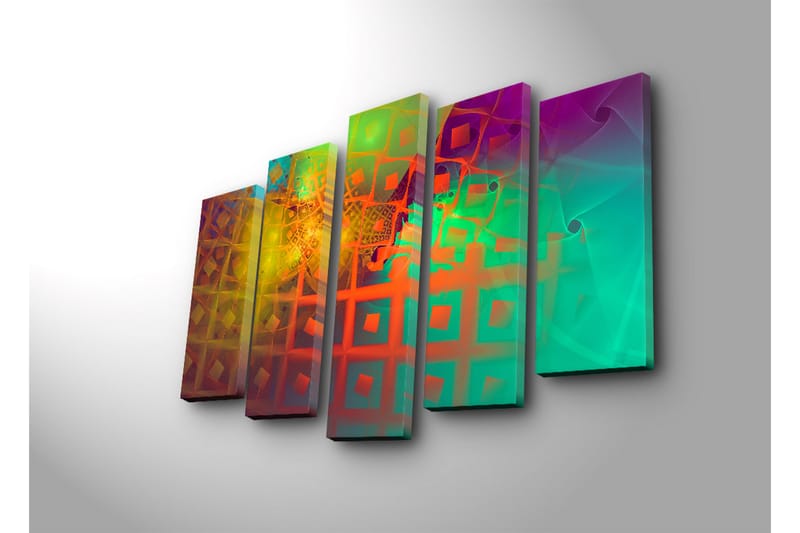 Stor Canvastavla i 5 delar 105x70 cm - Abstrakt komposition med geometriska former och färgglada mönster - Grön / Orange / Lila - Inredning & dekor - Tavlor & konst - Canvastavla