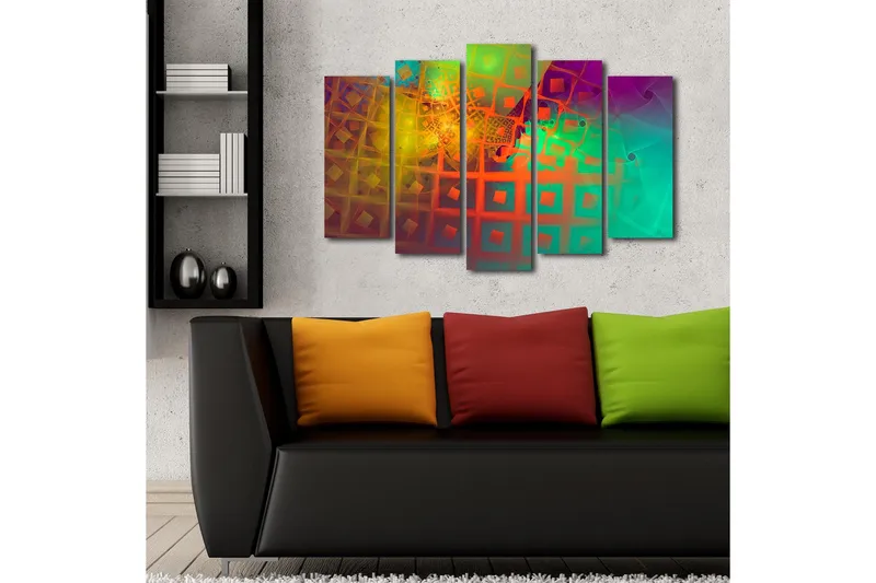 Stor Canvastavla i 5 delar 105x70 cm - Abstrakt komposition med geometriska former och färgglada mönster - Grön / Orange / Lila - Inredning & dekor - Tavlor & konst - Canvastavla
