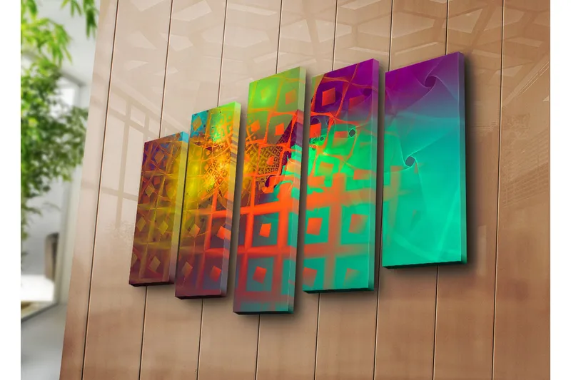 Stor Canvastavla i 5 delar 105x70 cm - Abstrakt komposition med geometriska former och färgglada mönster - Grön / Orange / Lila - Inredning & dekor - Tavlor & konst - Canvastavla