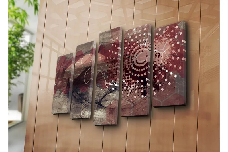 Stor Canvastavla i 5 delar 105x70 cm - Abstrakt komposition med geometriska former och mönster - Mörkröd / Beige / Grå - Inredning & dekor - Tavlor & konst - Canvastavla