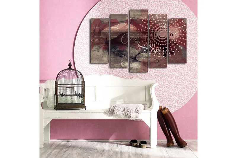 Stor Canvastavla i 5 delar 105x70 cm - Abstrakt komposition med geometriska former och mönster - Mörkröd / Beige / Grå - Inredning & dekor - Tavlor & konst - Canvastavla