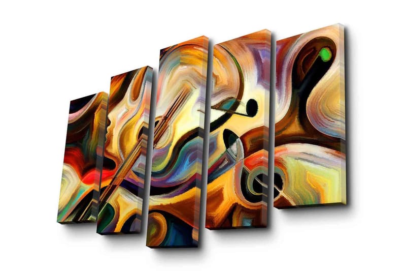 Stor Canvastavla i 5 delar 105x70 cm - Abstrakt komposition med musikinstrument och ansiktsprofil - Guld / Röd / Svart - Inredning & dekor - Tavlor & konst - Canvastavla