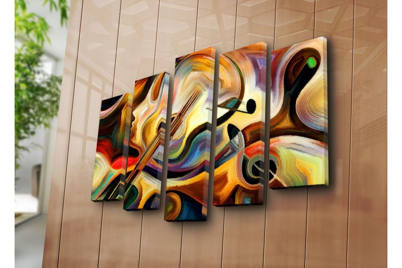 Stor Canvastavla i 5 delar 105x70 cm - Abstrakt komposition med musikinstrument och ansiktsprofil - Guld / Röd / Svart - Inredning & dekor - Tavlor & konst - Canvastavla