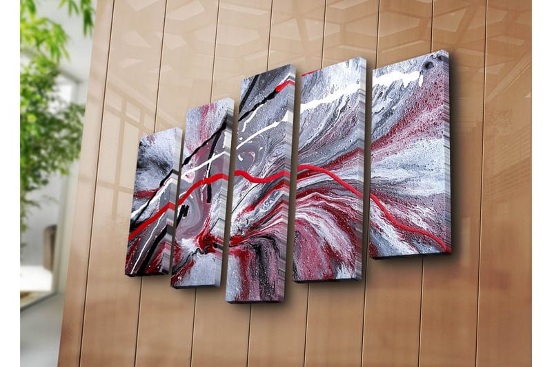 Stor Canvastavla i 5 delar 105x70 cm - Abstrakt komposition med röda och svarta linjer mot en grå bakgrund - Röd / Svart / Grå - Inredning & dekor - Tavlor & konst - Canvastavla