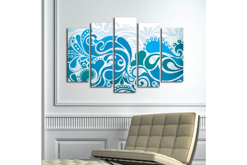 Stor Canvastavla i 5 delar 105x70 cm - Abstrakt komposition med svängande mönster i olika blå nyanser - Mörkblå / Ljusblå / Vit - Inredning & dekor - Tavlor & konst - Canvastavla