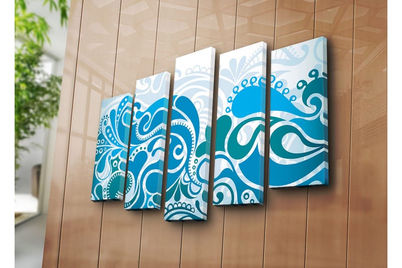 Stor Canvastavla i 5 delar 105x70 cm - Abstrakt komposition med svängande mönster i olika blå nyanser - Mörkblå / Ljusblå / Vit - Inredning & dekor - Tavlor & konst - Canvastavla