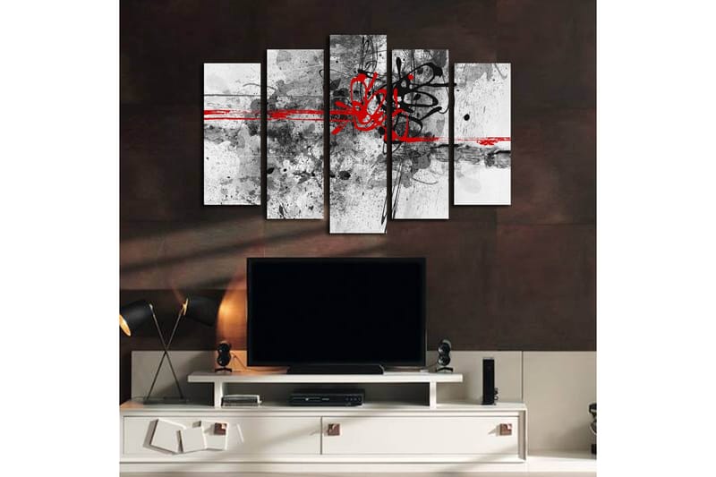 Stor Canvastavla i 5 delar 105x70 cm - Abstrakt komposition med svarta och röda linjer - Röd / Svart / Grå - Inredning & dekor - Tavlor & konst - Canvastavla