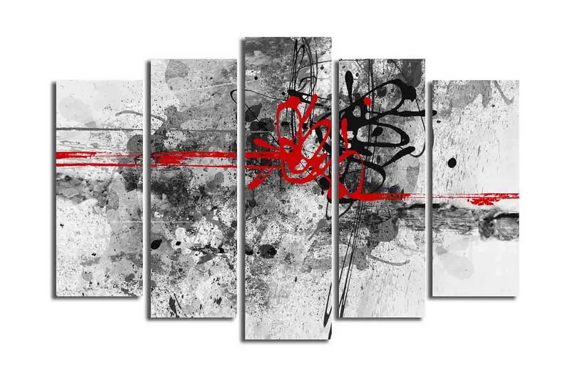 Stor Canvastavla i 5 delar 105x70 cm - Abstrakt komposition med svarta och röda linjer - Röd / Svart / Grå - Inredning & dekor - Tavlor & konst - Canvastavla