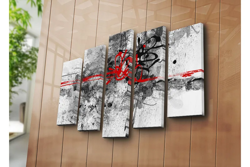 Stor Canvastavla i 5 delar 105x70 cm - Abstrakt komposition med svarta och röda linjer - Röd / Svart / Grå - Inredning & dekor - Tavlor & konst - Canvastavla