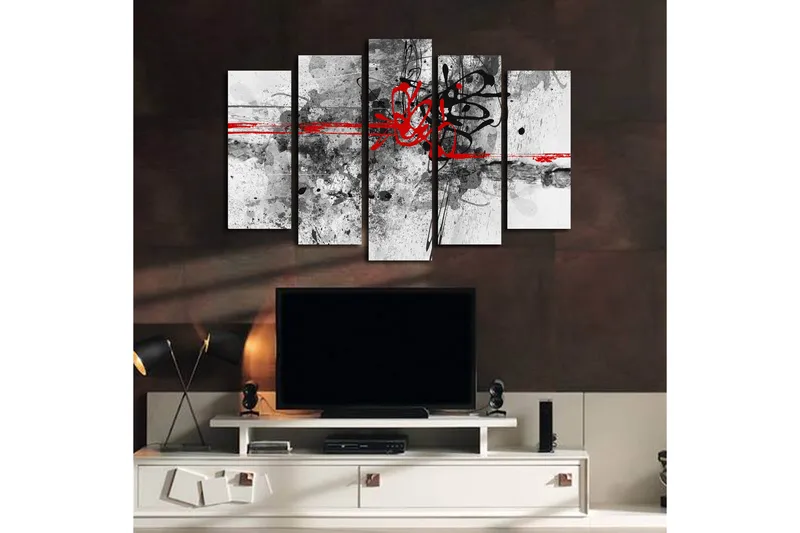 Stor Canvastavla i 5 delar 105x70 cm - Abstrakt komposition med svarta och röda linjer - Röd / Svart / Grå - Inredning & dekor - Tavlor & konst - Canvastavla