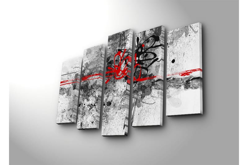 Stor Canvastavla i 5 delar 105x70 cm - Abstrakt komposition med svarta och röda linjer - Röd / Svart / Grå - Inredning & dekor - Tavlor & konst - Canvastavla