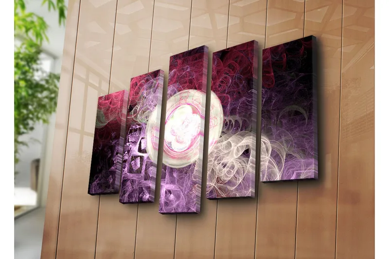 Stor Canvastavla i 5 delar 105x70 cm - Abstrakt komposition med svävande former och ljusa cirklar - Lila / Rosa / Vit - Inredning & dekor - Tavlor & konst - Canvastavla