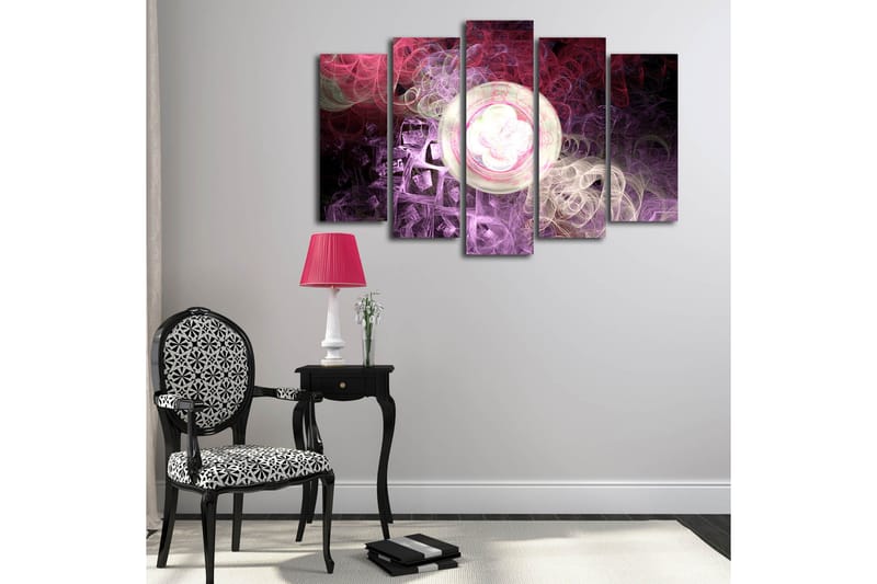 Stor Canvastavla i 5 delar 105x70 cm - Abstrakt komposition med svävande former och ljusa cirklar - Lila / Rosa / Vit - Inredning & dekor - Tavlor & konst - Canvastavla