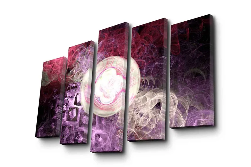 Stor Canvastavla i 5 delar 105x70 cm - Abstrakt komposition med svävande former och ljusa cirklar - Lila / Rosa / Vit - Inredning & dekor - Tavlor & konst - Canvastavla