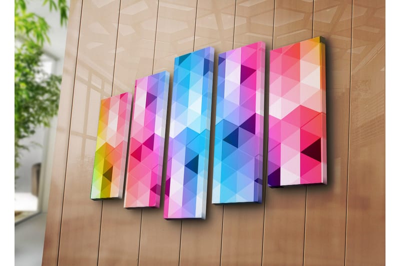 Stor Canvastavla i 5 delar 105x70 cm - Abstrakt komposition med triangulära mönster i starka färger - Rosa / Blå / Lila - Inredning & dekor - Tavlor & konst - Canvastavla