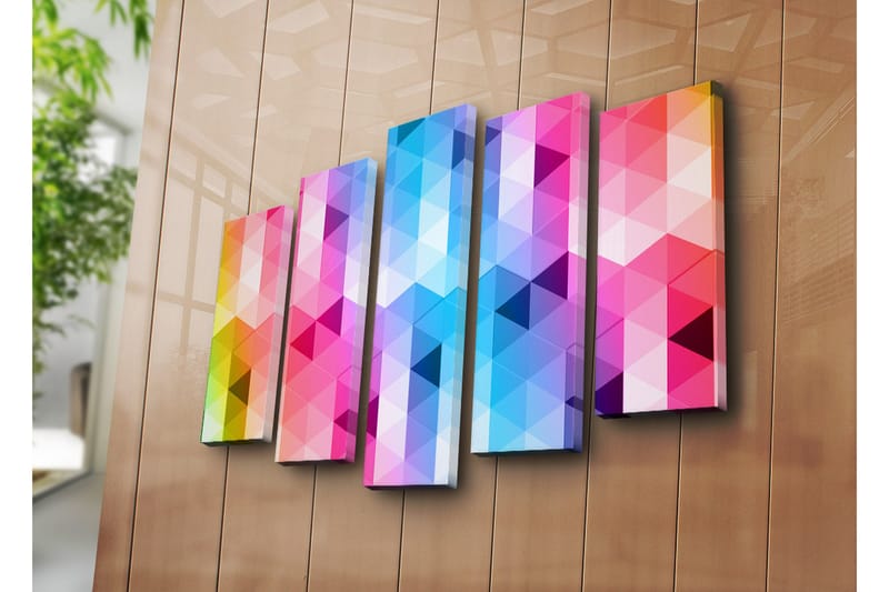 Stor Canvastavla i 5 delar 105x70 cm - Abstrakt komposition med triangulära mönster i starka färger - Rosa / Blå / Lila - Inredning & dekor - Tavlor & konst - Canvastavla