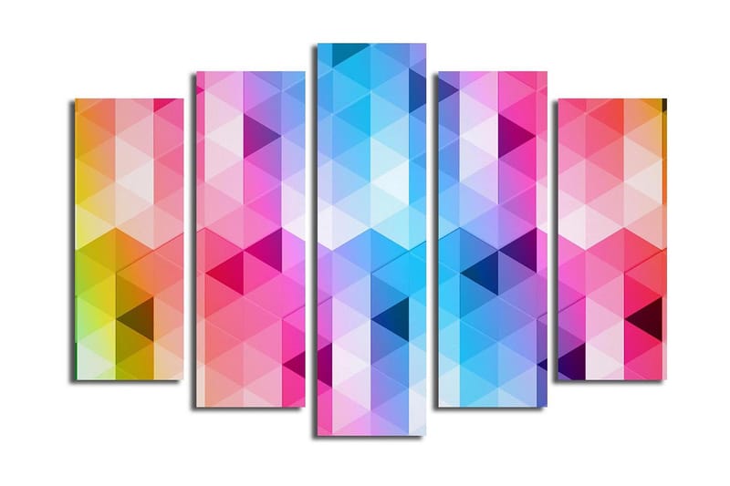 Stor Canvastavla i 5 delar 105x70 cm - Abstrakt komposition med triangulära mönster i starka färger - Rosa / Blå / Lila - Inredning & dekor - Tavlor & konst - Canvastavla
